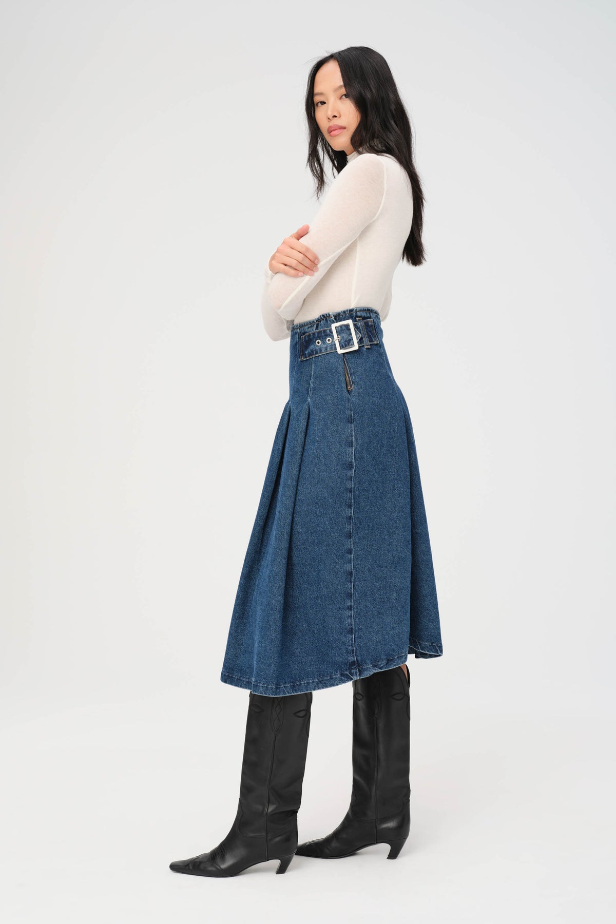 LAS - DENIM PLEATED SKIRT | LOST HIGHWAY