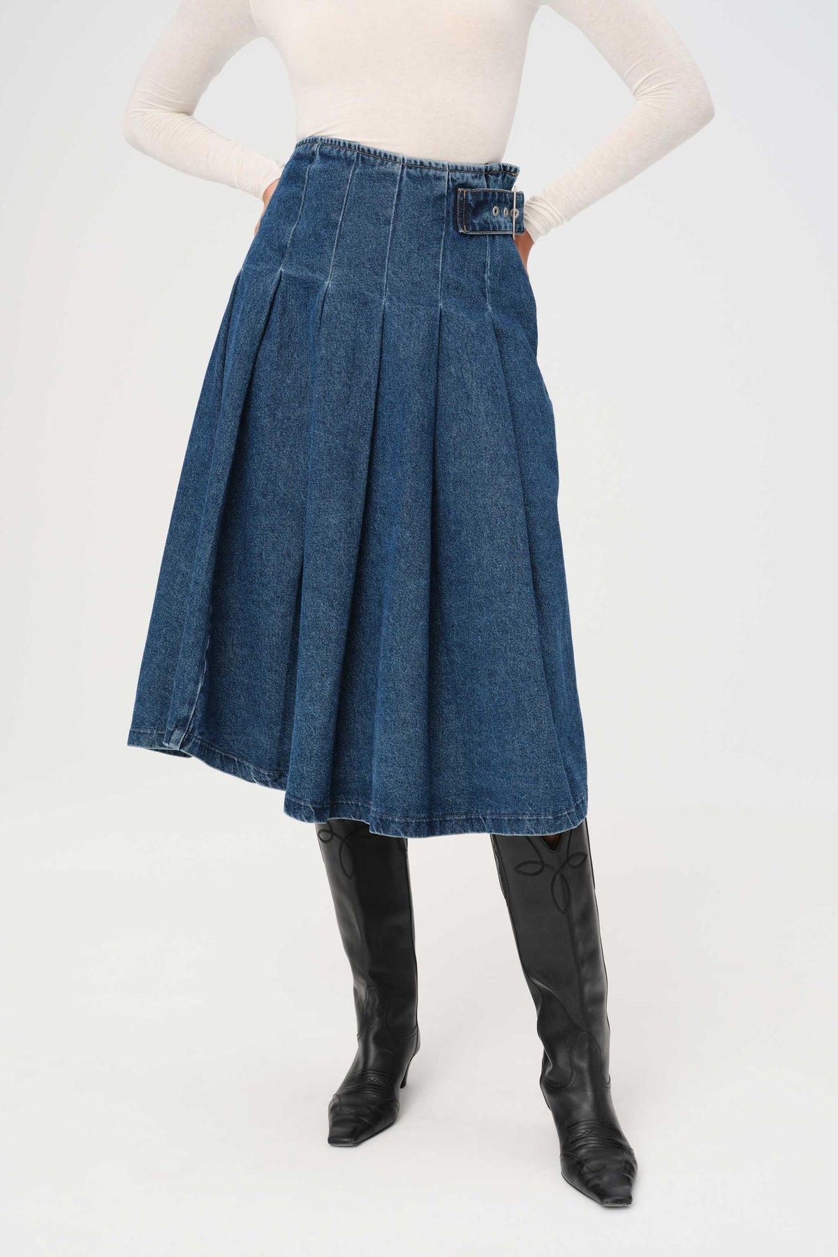 LAS - DENIM PLEATED SKIRT | LOST HIGHWAY