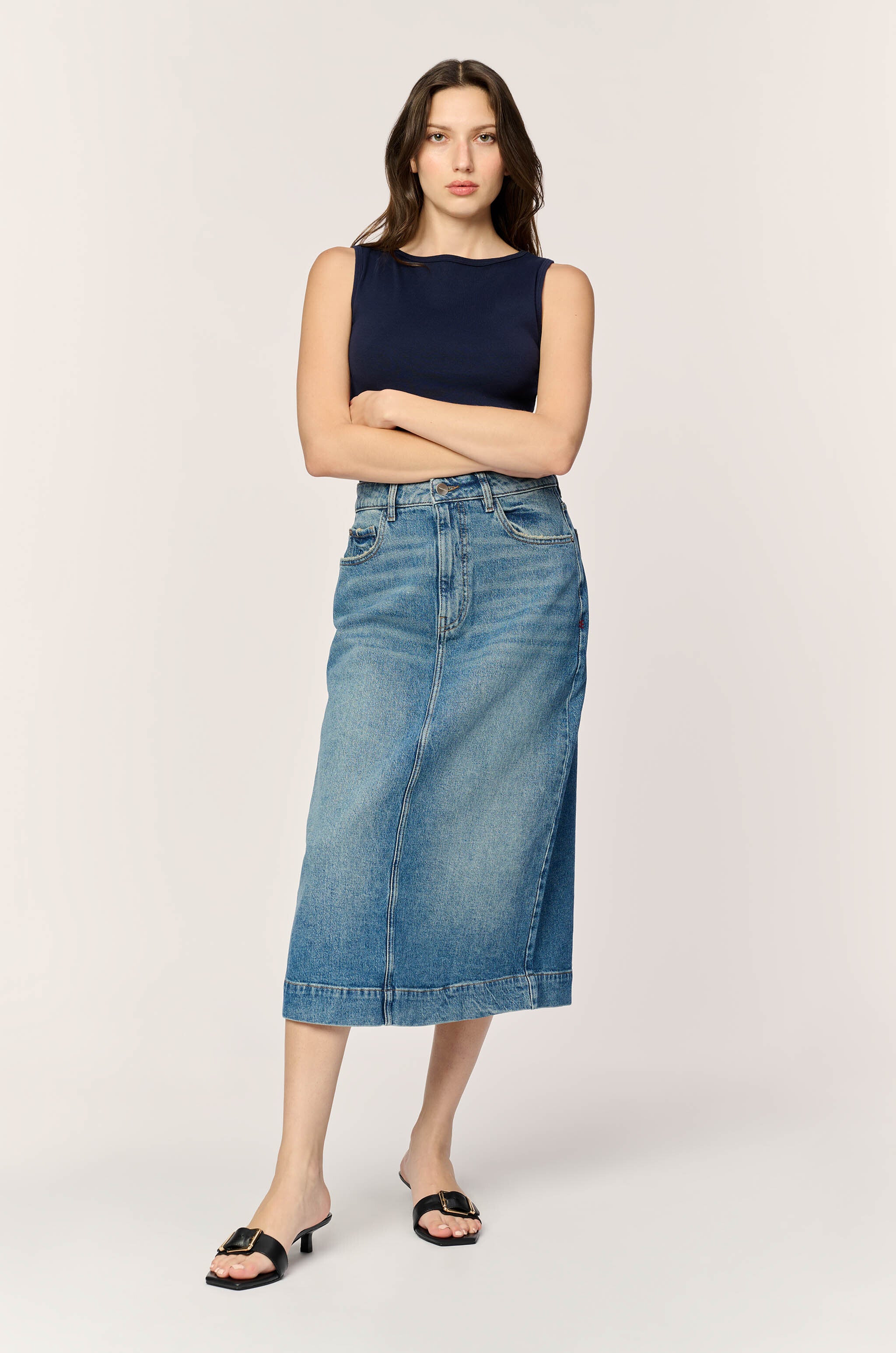 【WONDER WONDER】Affi Vintage Wash Cutting Long Denim Skirt Lajer patch denim long skirt - WONDER WONDER | 60% - Asian