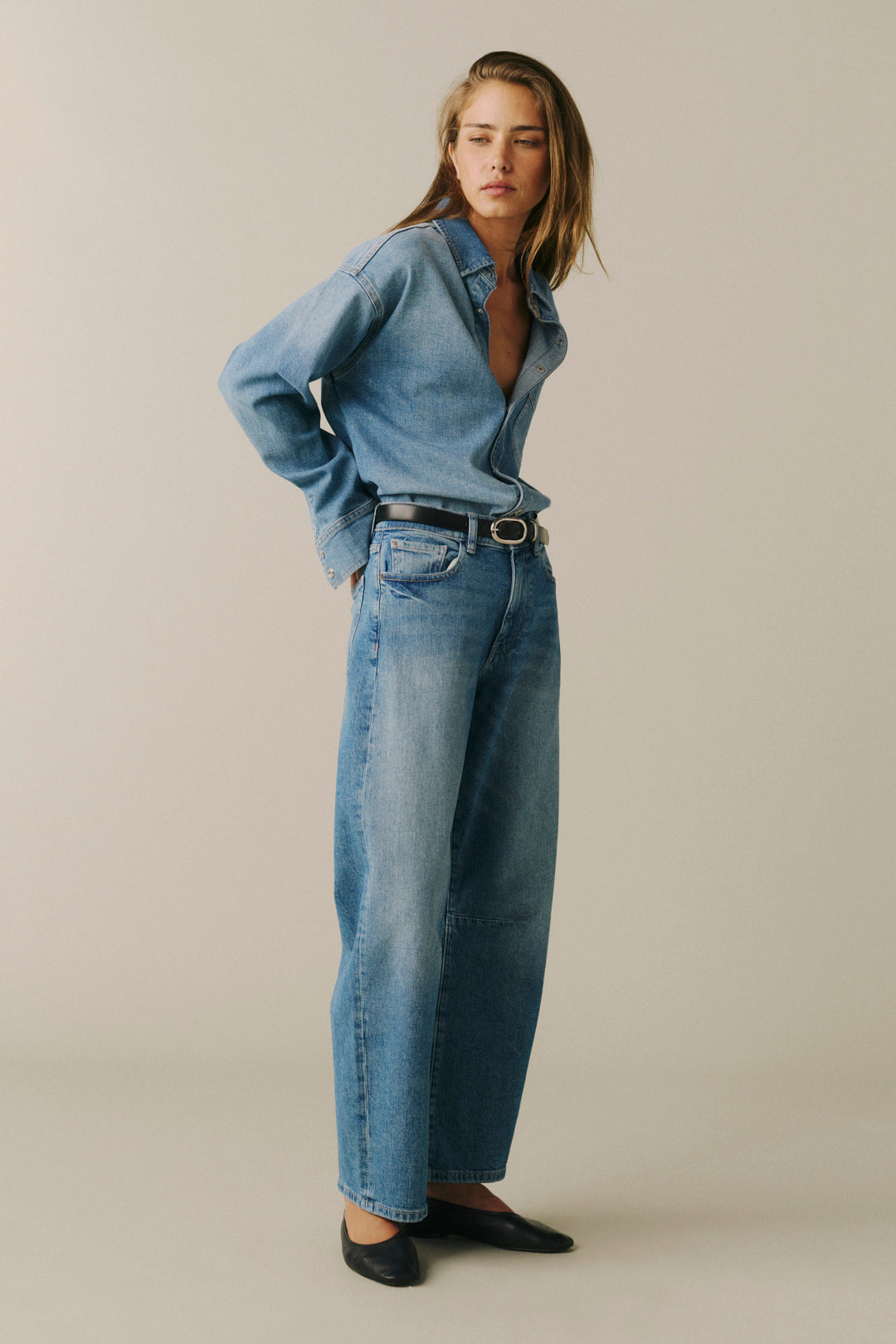 BNA Women's High-Rise Soft Curve Barrel jeans in Sadie, back view