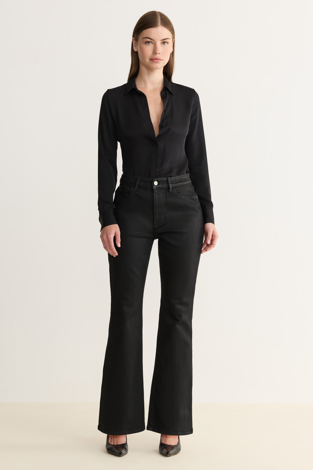 NAO STRETCH - HIGH RISE BOOTCUT JEANS | NOIR WAX COATED