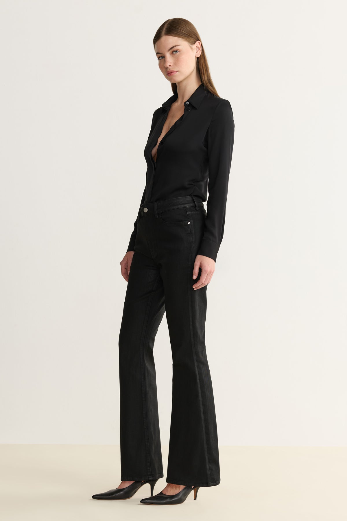 NAO STRETCH - HIGH RISE BOOTCUT JEANS | NOIR WAX COATED