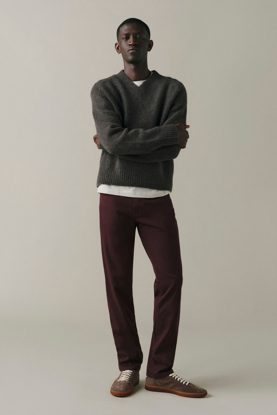 AMS Men's Slim twill pants in Cabernet, front view