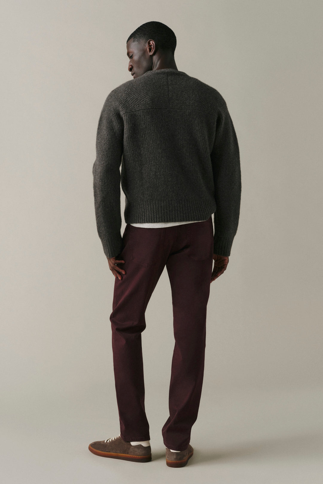 AMS Men's Slim twill pants in Cabernet, back view