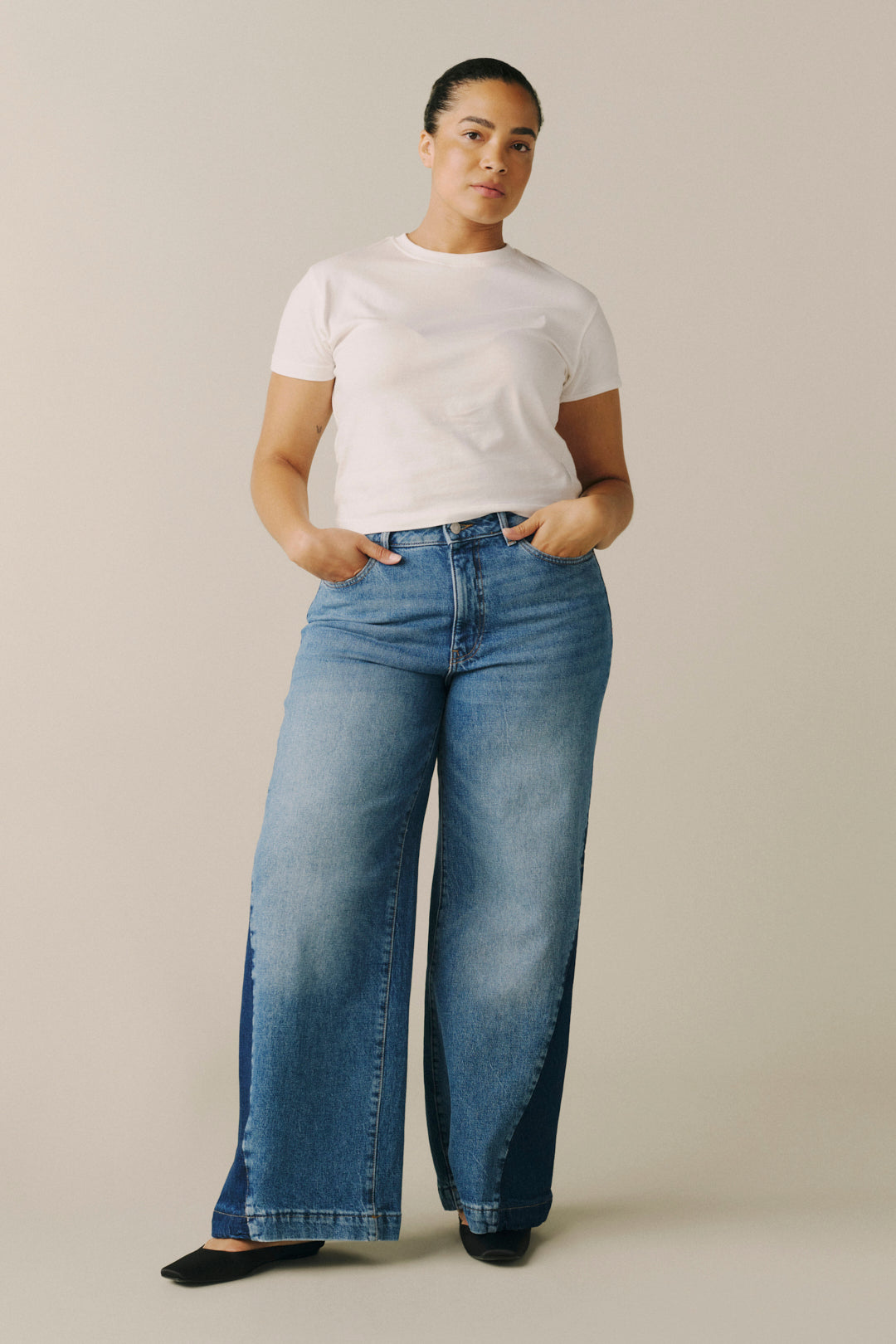 NCE Women's Plus High-Rise Wide Leg jeans in Split Rinse, back view